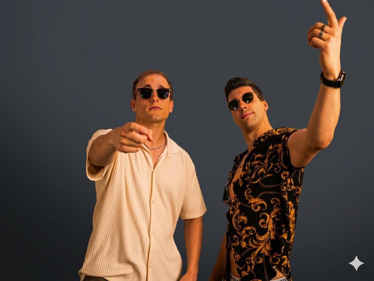 Secret VIP with direct gestures and confident attitude against a dark backdrop.